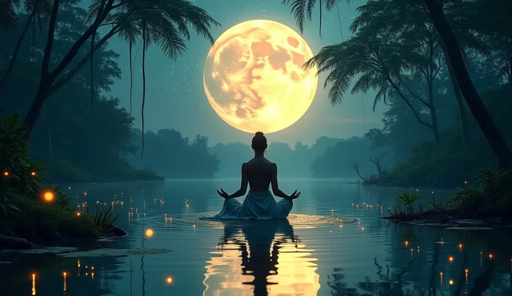 A loose-fitting woman meditates on the edge of a river in the Amazon Rainforest, where an immense full Moon is gently reflected in the tranquil water. The starry sky shines above the treetops, as fireflies flash around.  The atmosphere is mystical , bringi...