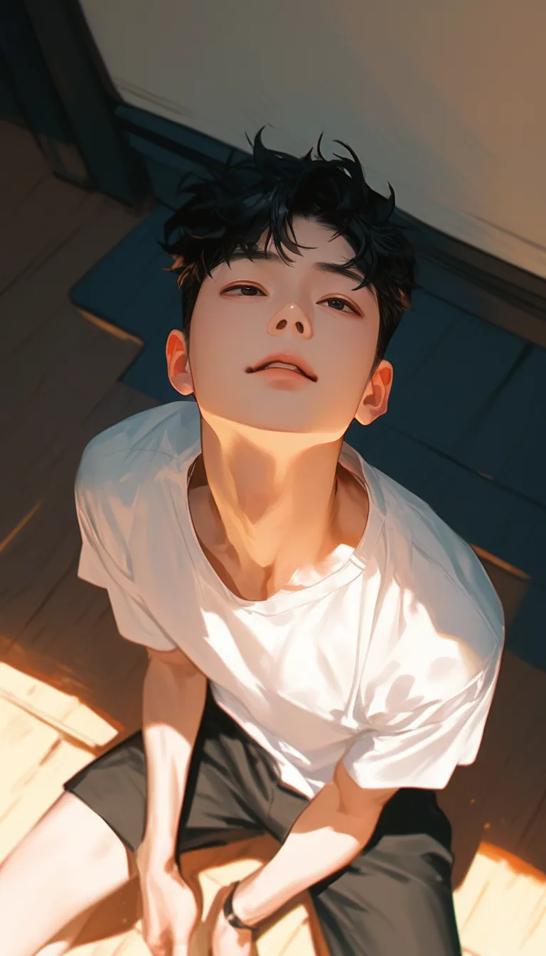 A male， black hair， room，Sunlight on face，sitting on the ground，，仰卧着look up看，Head perspective ，look up， Korean comic style ， Young and Energetic ， Good condition ，White T-shirt