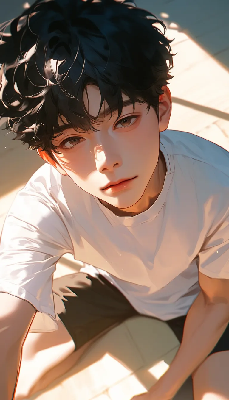 A male， black hair， room，Sunlight on face，sitting on the ground，，仰卧着look up看，Head perspective ，look up， Korean comic style ， Young and Energetic ， Good condition ，White T-shirt