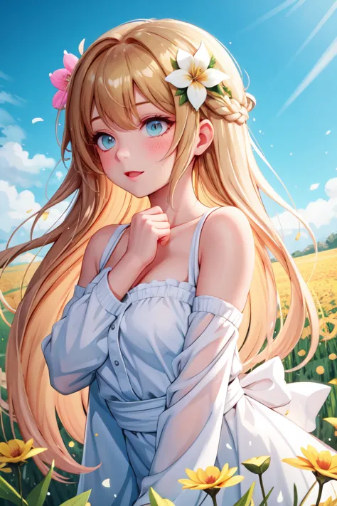 (masterpiece:1.3, best quality:1.3)
(beautiful young girl:1.4, in flower field:1.3)
(lush colorful flowers:1.3, vibrant flower meadow:1.2)
(soft natural lighting:1.2, golden hour:1.1)
(gentle breeze:1.1, flowing hair:1.2)
(serene expression:1.2, elegant po...