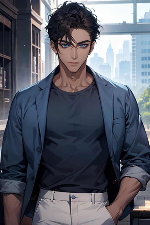 a man, slightly dark brown skin, dark blue hair, blue eyes, gray t-shirts, navyblue jacket, white pants