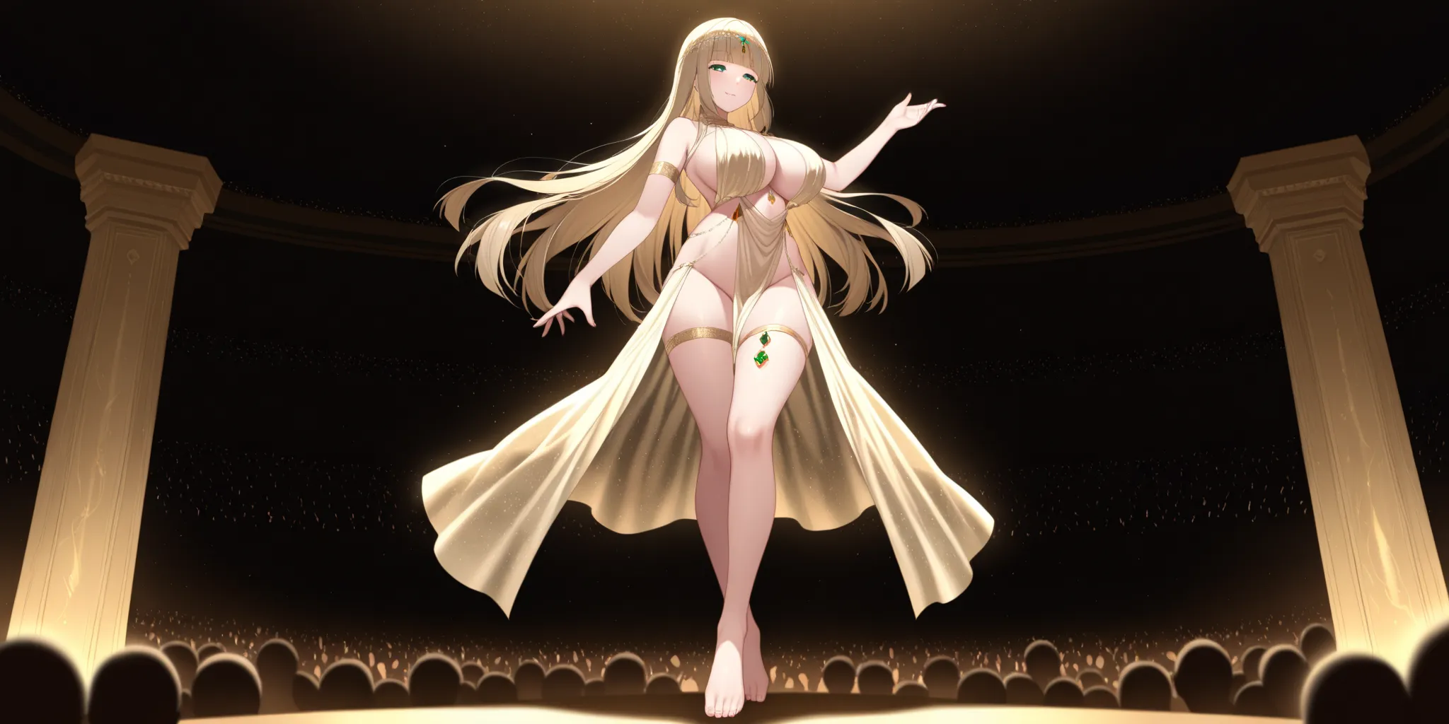 sexy dancer (cute, busty, lovely hips and thighs, long hair, sheer elegant gown, gold and gem body jewelry, bare feet) dancing in a lavishly appointed room, audience in shadows. elegant dance, lewd