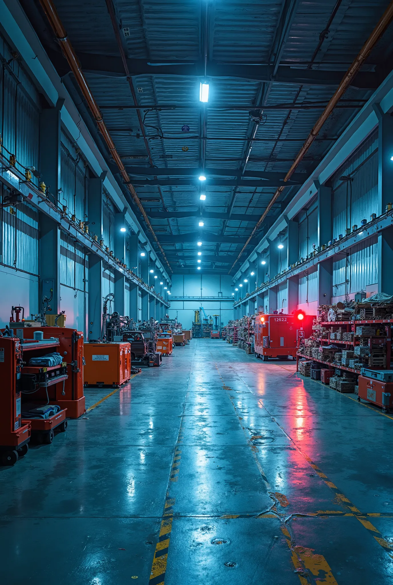 generate an image of a workshop or warehouse with LED emergency equipment 