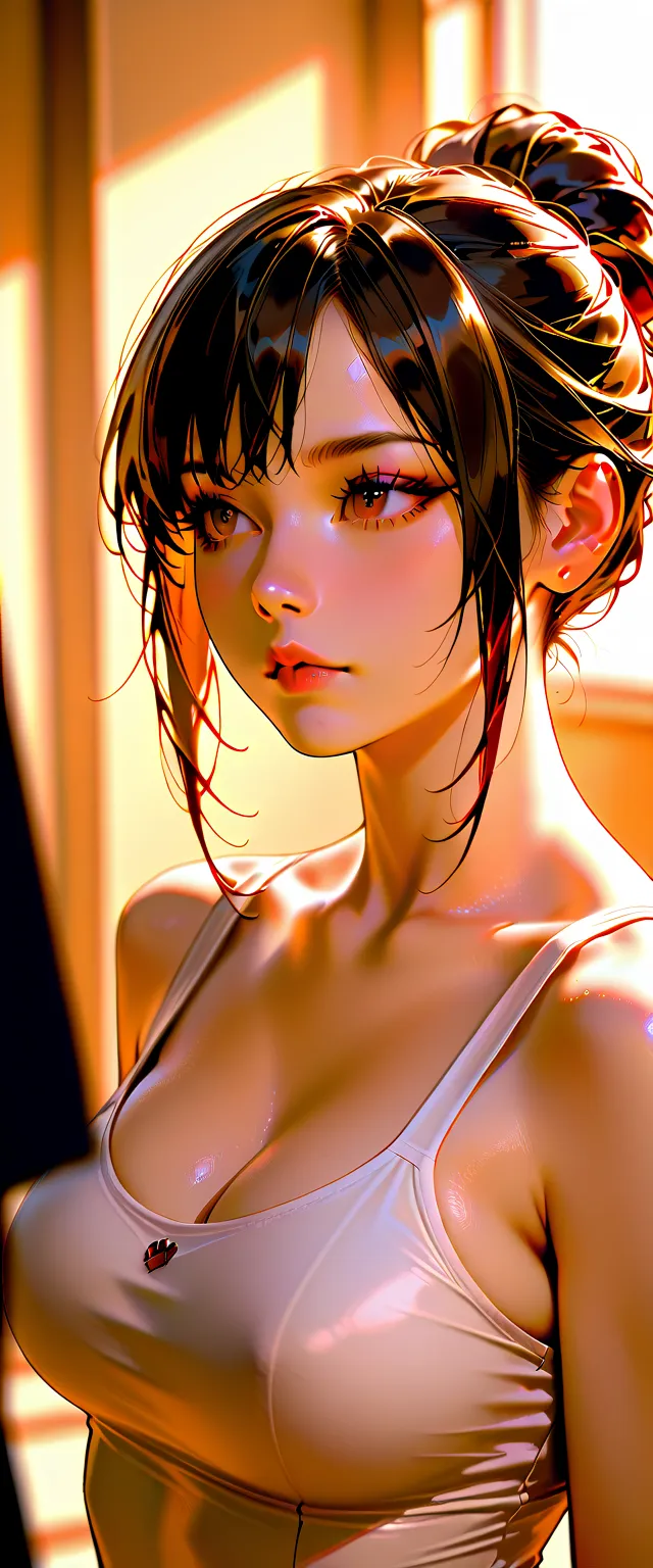 (Highest quality, Very detailed, Detailed illustrations, Attention to detail, masterpiece, Best aesthetics, realistic, sharp contrast), beautiful cute woman with dark auburn hair, tight updo, hazel eyes,