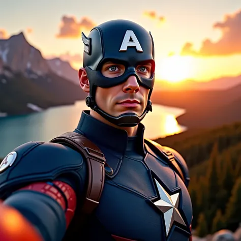 Ultra-realistic Captain America wearing his classic blue suit with red and white details, including the star on his chest and his iconic helmet with the letter 'A'. He is taking a selfie in an epic sunset setting, with a stunning background of majestic mou...