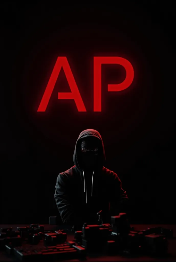 Create a corporate logo with the acronym AP in red create a character sitting in front of the image some weapons on the table the character is sitting with a mask on a black background remember the AP in red and that it is a corporation 