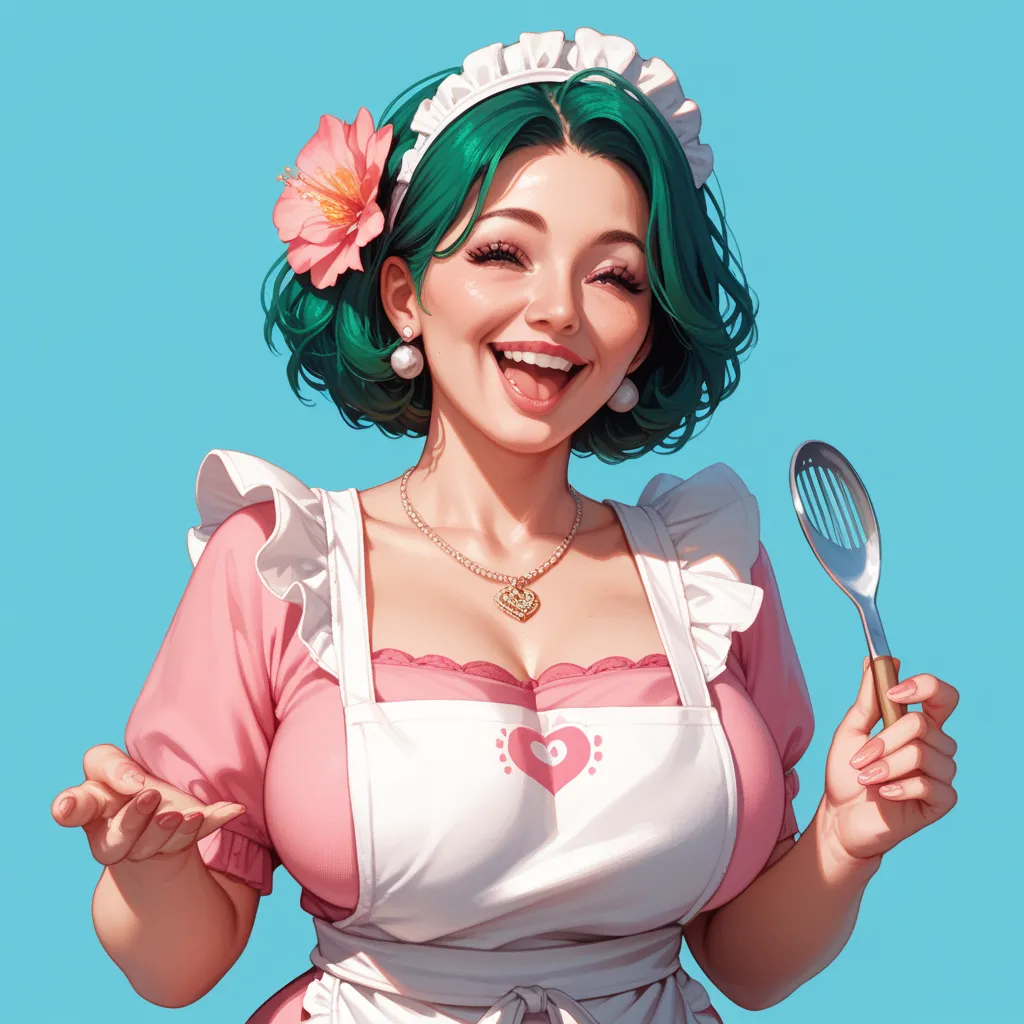 hot milf, short green hair, thicc, curvy, wearing pink dress, wearing apron, blue background, happy, sprite