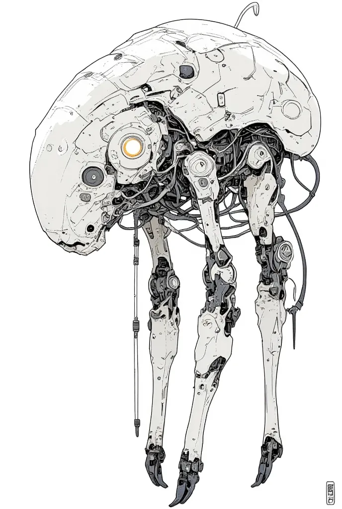 Four-legged robot in the form of a mechanical beast, very fine ink lines , More about ultra-fine ink, Drawn with a single line,  ink outline , Ultra-fine details, hand drawn, Very fine ink lines ,  picture on parchment , Single line drawing,  illustration ...