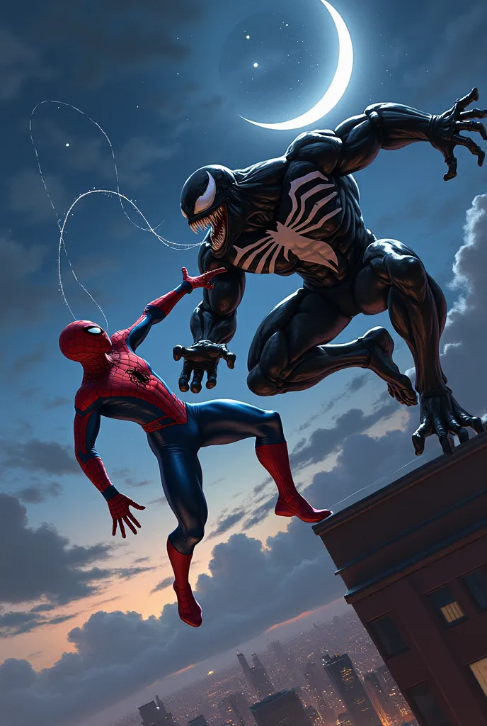 Do Spider-Man in the sky fighting against Venom and in the night 