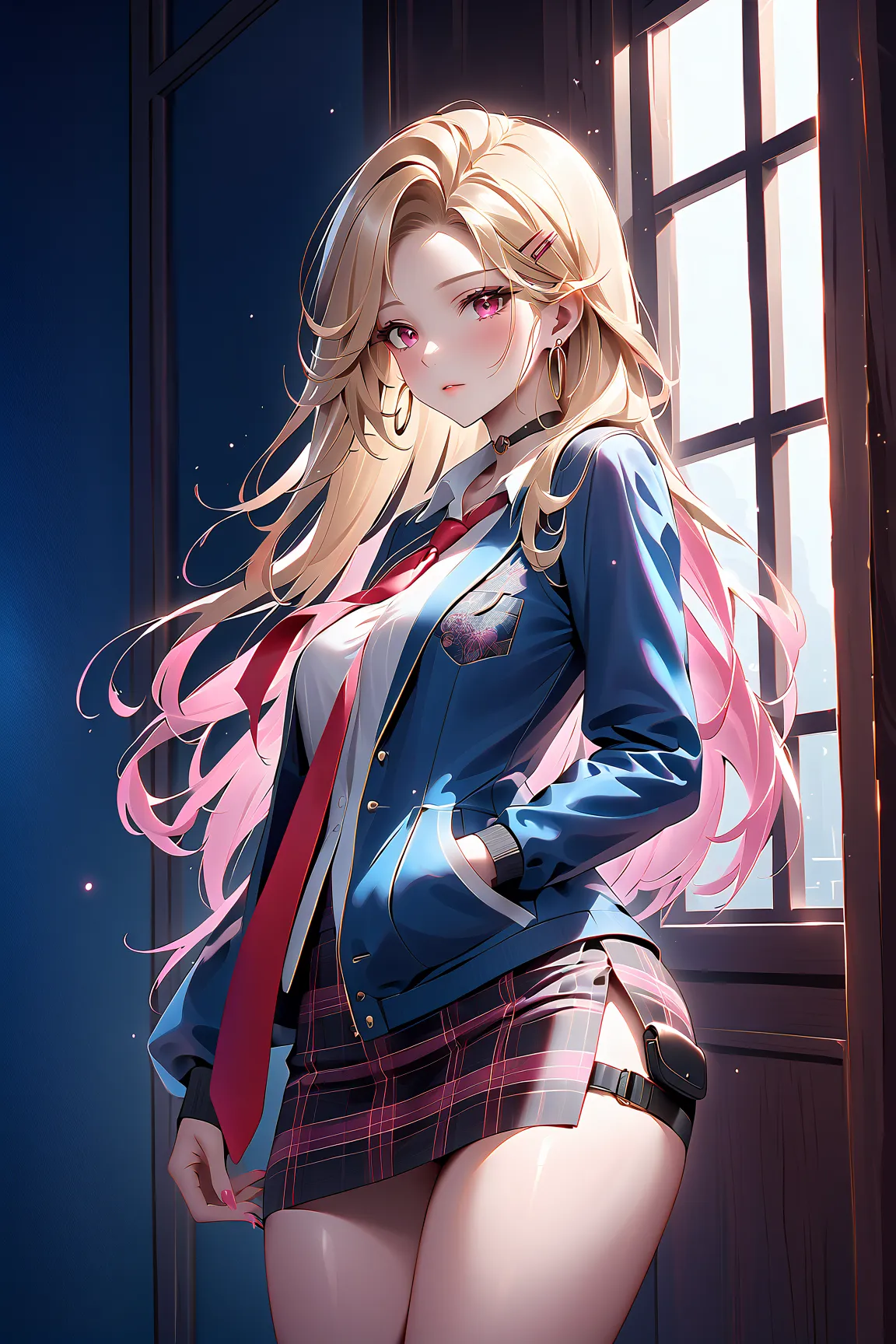 Nnkk, pink eyes, blonde hair, long hair, hairclip, hoop earrings, black choker, white shirt, red necktie, loose necktie, blue jacket, plaid skirt, pink nails, thigh strap, thigh pouch, black skirt, breast pocket,mature woman standing with her back to camer...