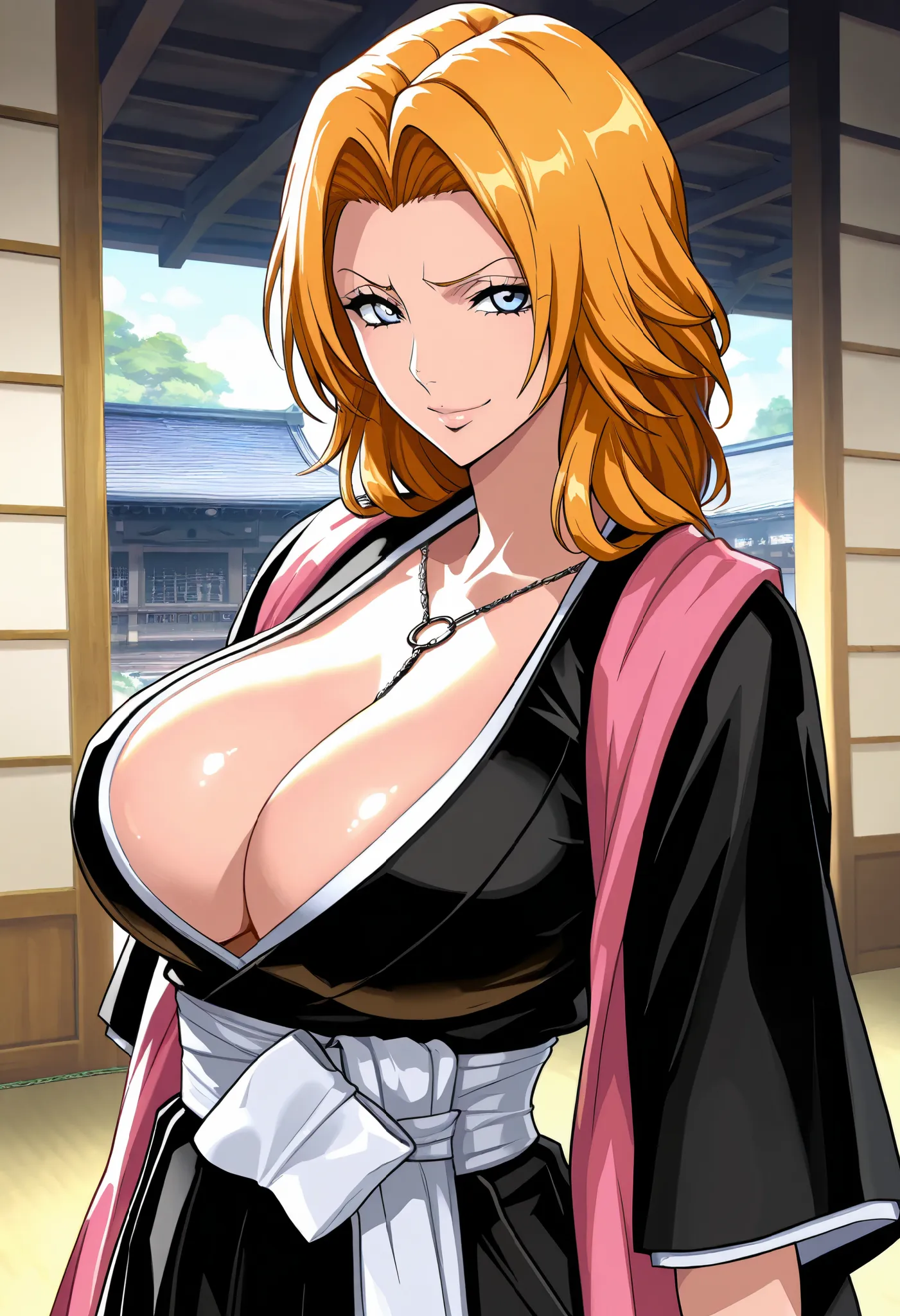 official art, unity 8k wallpaper, ultra detailed, beautiful and aesthetic, masterpiece, best quality, matsumoto rangiku, short hair, black kimono, cleavage, sash, large breasts, looking at viewer, furrowed brow, smile, japanese architecture, upper body, sh...