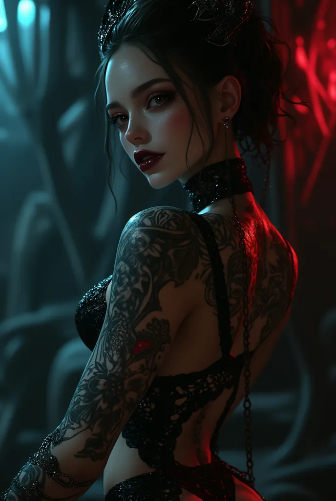 dramatic lighting , Realistic, 8k, Cinematic Composition , dark moody vibe , Dramatic Shadows , Intricate and elaborate pattern , 30 megapixel , chiaroscuro lighting , moody color palette , deep contrast , super real, tattooed woman with glasses and a blac...