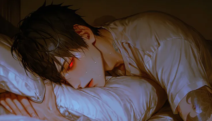night,Night lighting,On the bed,A boy,On the bed背景,Sleeping position,Korean comic style,hair, red eyes, gentle eyes ,Young and energetic, is in good shape , strong , is handsome, smooth skin , is handsome脸瓜子脸,Tattoo,wet hairstyle ,got sick ,Sweating sweaty...