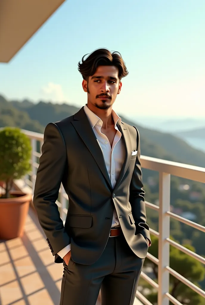 18 year old zain, short black hair, with an athletic build. He is sunbathing on the balcony. photorealism: 1.2), , stanDing, dress fitted dark gray suit, dark  brown hair,