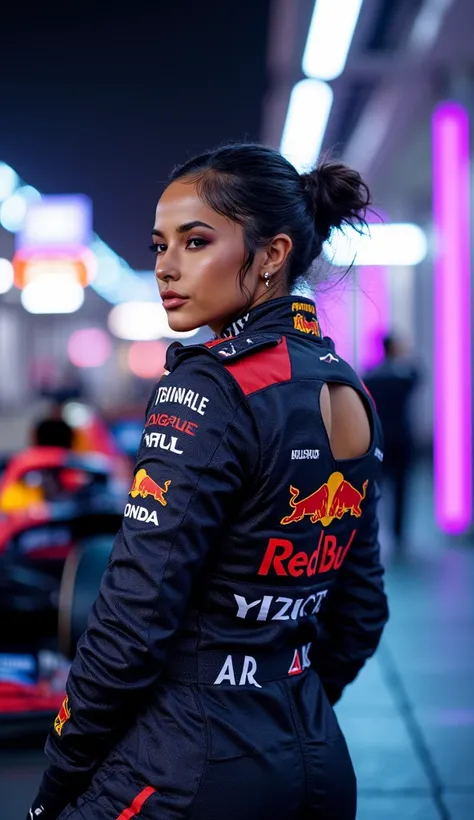 A confident female Formula 1 driver, (((wearing the official 2024 Red Bull Racing suit with hyper-detailed sponsors (Oracle, Honda, Tag Heuer, Bybit) embroidered in metallic thread, (((keyhole cutout at bust revealing subtle décolletage))), carbon-fiber co...