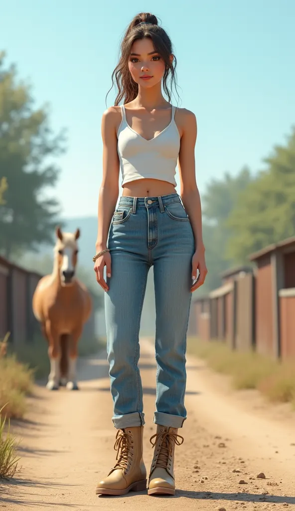 woman in a white top and blue jeans standing on a dirt road, jean pants, jeans pants, blue jeans, blue pants, jeans, outfit : jeans and white vest, wearing a camisole and boots, white shirt and blue jeans, 🐎🍑, blue jeans. unreal 5, light blue and white ton...