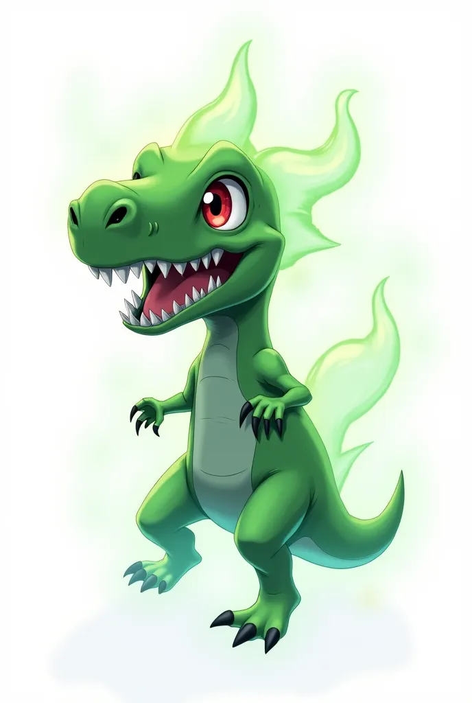  Anime style. Anime spirit with green dinosaur head. Anime Dinosaur evil. Ghost on white background