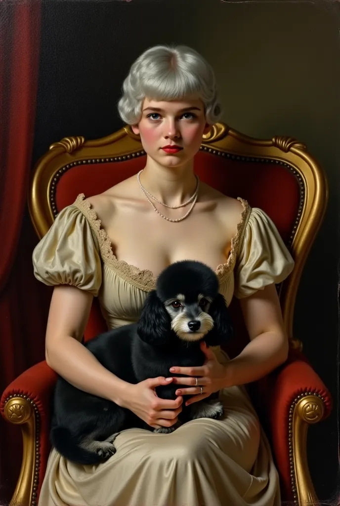 an antique victorian oil painting portrait of a young h women with cleavage sitting in a fancy chair in a dark room with a black and silver poodle on her lap . She has short silver hair. She is wearing a fancy victorian dress and has a serious expression o...