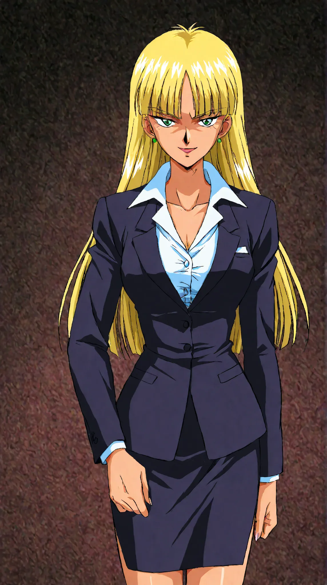 EVIL BLONDE HAIRED BUSINESS WOMAN WEARING A BLOUSE WITH A BLACK SKIRT SUIT 90s anime art style with green eyes