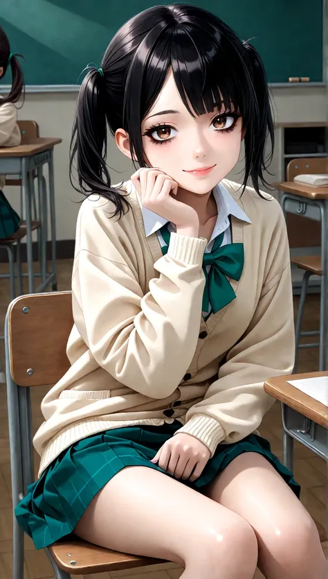 ( A girl of a cute age ,   petite body, brown eyes),   female 1 person:1.6, (beautiful high school girl by Yoshitomo Nara,  Black hair with pink inner color, twin tails,  asymmetric bang , moles under eyes:1.2,  Small face, beautiful skin),  glossy lips , ...