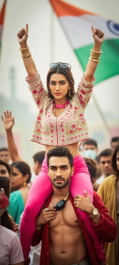     Big thighs  Alia Bhatt   wearing kurta and pink leggings sitting on shoulder of a man after winning election celebrating victory  realistic photo 