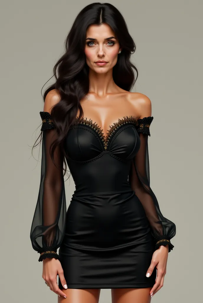  Woman, Realistic, long hair, wavy hair, dark haired blouse with blonde highlights and black highlights, Tomara Que Fits Long Black Tube Dress, black thin high heel shoe.