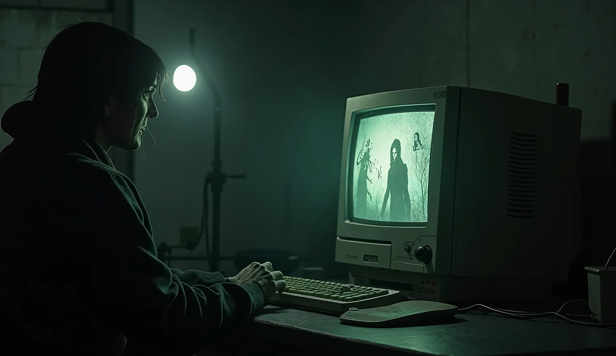 An old computer, in a dark and dark room, showing strange and scary characters