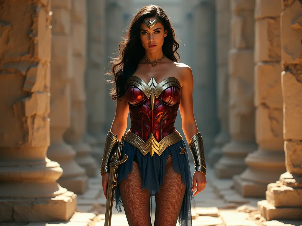 Beautiful woman like Gal Gadot with black 20 DEN pantyhose on her long legs looking like wonder woman in her armor and boots, wearing one sword and golden necklace, inside ancient temple ruins