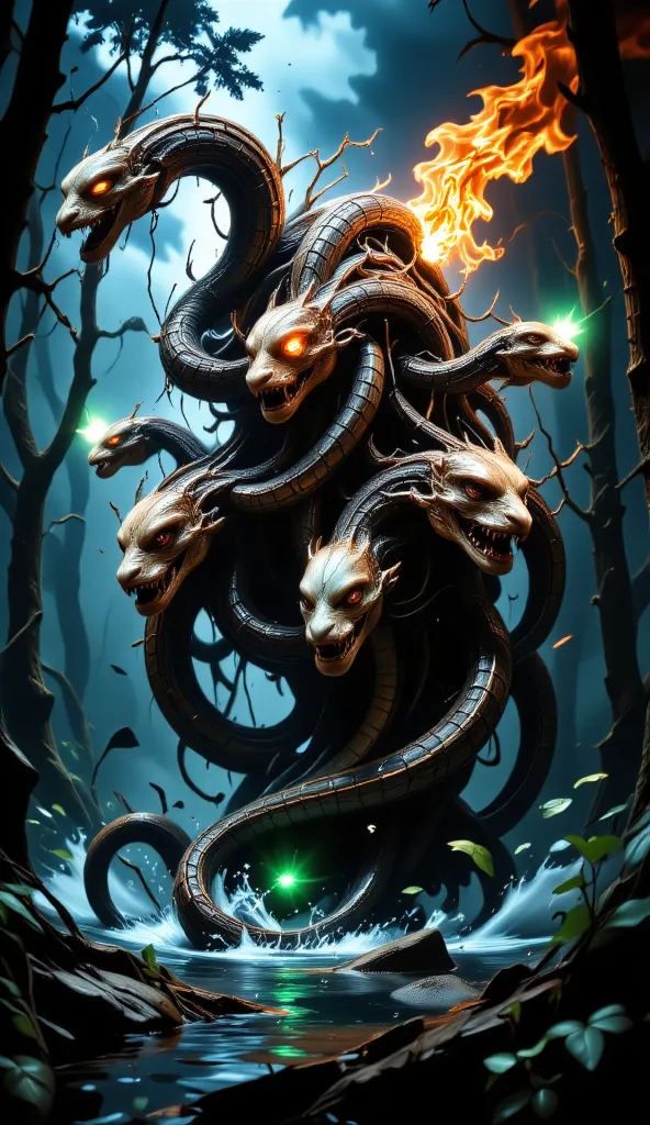 Snakehead Hydra
“Create an image of a snakehead hydra emerging from swamp water. She has seven heads, each with a ferocious stare and venomous teeth. Her bodies are intertwined with each other, forming a tangled ball. The hydra's body is covered in slipper...