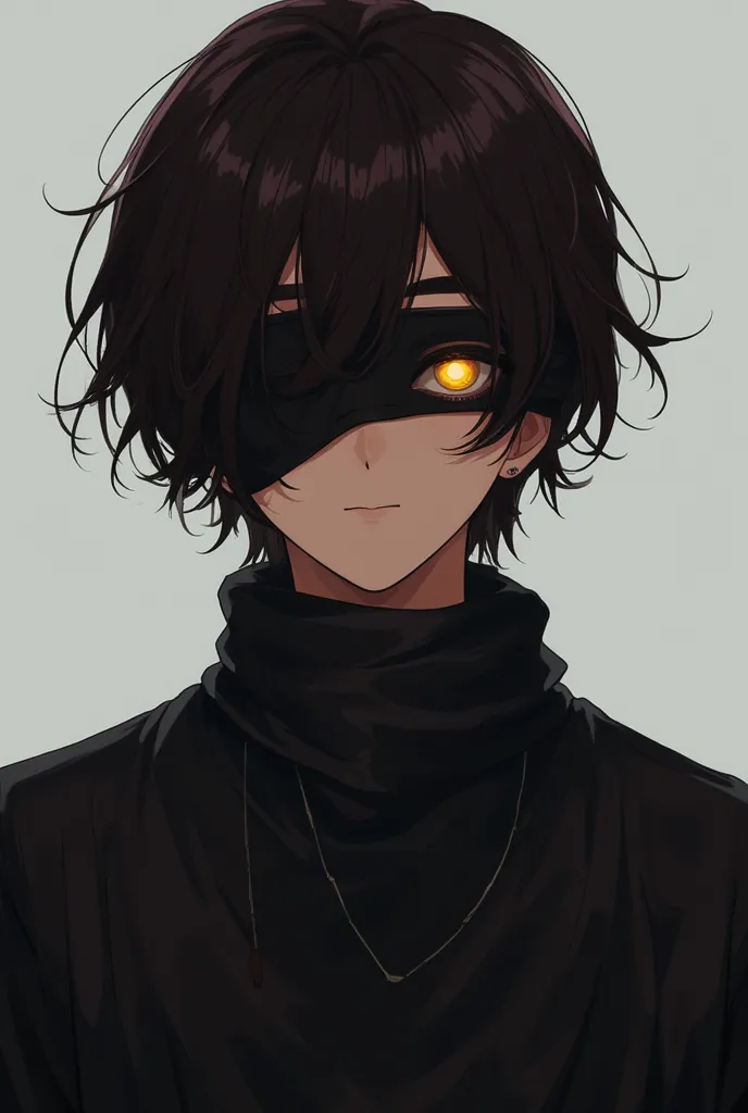 Young male character with a blindfold on his right eye and dark brown hair color 