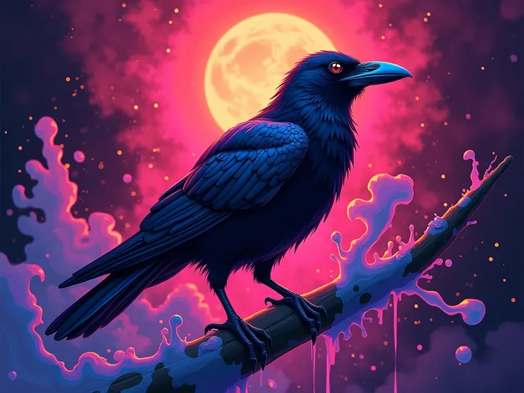 bold neon colors, cartoon style illustration of a crow in studio, stoned, splash art, splashed neon colors, (iridiscent glowy smoke) ((motion effects)), best quality, wallpaper art, UHD, centered image, MSchiffer art, ((flat colors)), (cel-shading style) v...