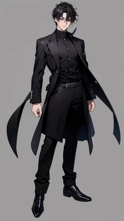  male, solo,  black hair, Simple black clothes, highest quality, simple background, anime style, standing up picture