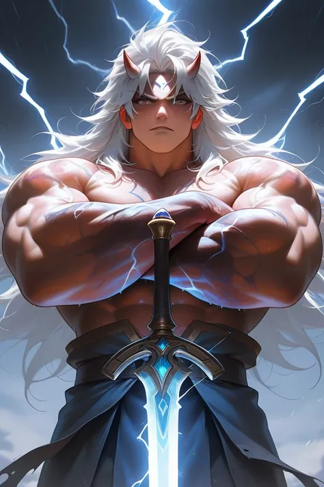 ( Masterpiece : 1.2), (    very detailed: 1.2), (    very detailed CG: 1.2), (    HD: 1.2), 1man, rough scarred skin, muscular, bulky, two pair of arms, white hair color, messy bangs, two small horns on forehead, four arms, pair of arms crossed, long sword...