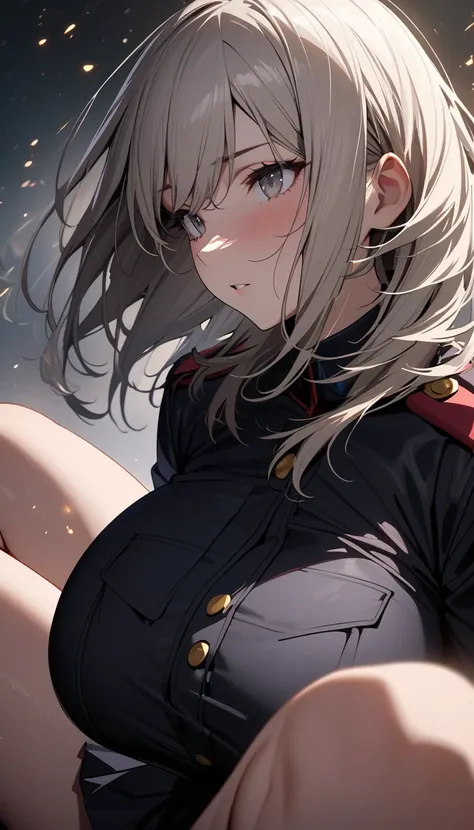 (masterpiece, Highest quality:1.2), (1girl) ,alone, ((medium hair)), (((platinum blonde hair))), (straight hair), ((gray eyes)), (huge breast), ((high detail)), bloom, (black militiary uniform), (black pleated skirt), ((detailed face)), ((beautiful effects...