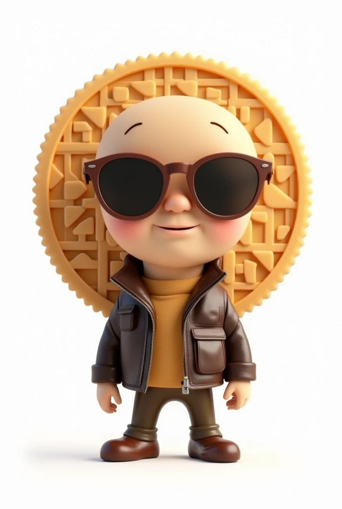 hello , Please generate an animated character for me that is a wafer with squares, totally circular and flat with leather jacket and sunglasses with a completely white background 
