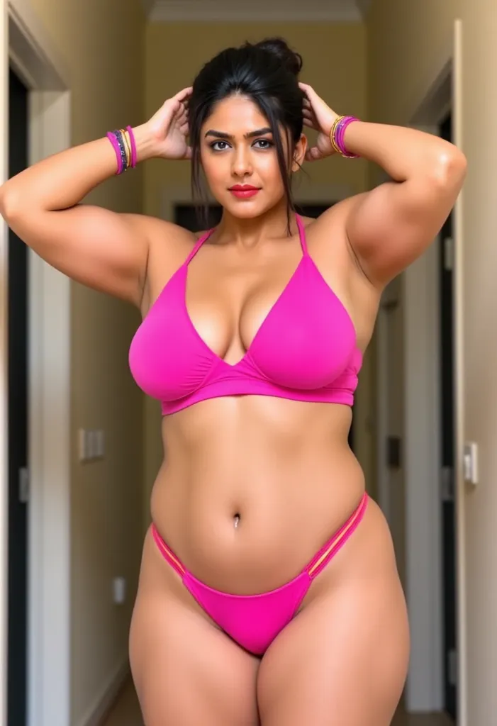 Front full body image view,35 year old indian married women looking at the viewer, without any clothes and bra ,naked,nsfw, big Fat ass,wide hips,Big thighs, swopped Big breast, Hands on the head showing stubble hairy chbubby armpits,Voluptuous Body,fat wi...