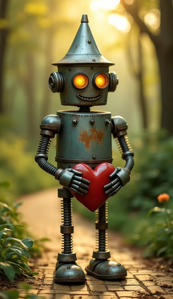 A steampunk-inspired tin man stands on a golden-bricked pathway winding through a lush green forest. His metallic body is weathered with a patina of rust and blue-green oxidation, giving him a vintage and timeworn look. His round, glowing orange eyes conve...