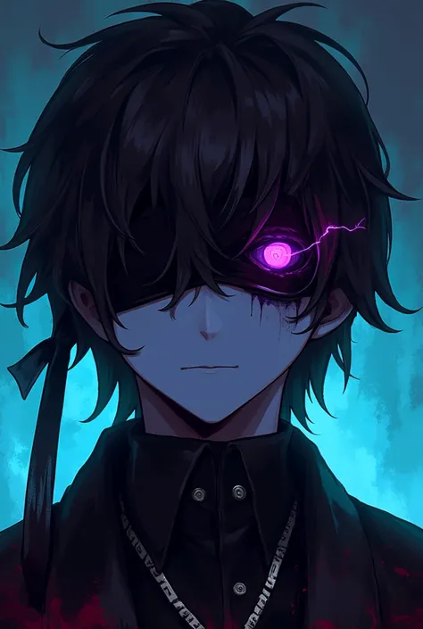 Young male character with a blindfold on his right eye and dark brown hair color and reptile eye shape with colors black and purple