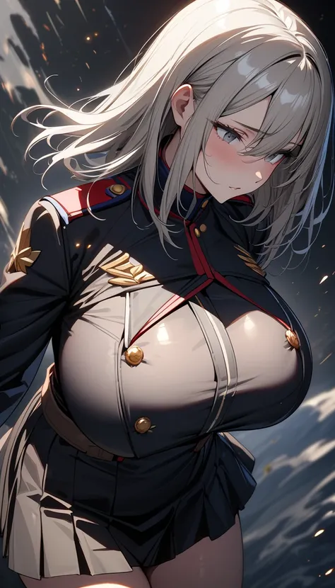 (masterpiece, Highest quality:1.2), (1girl) ,alone, ((medium hair)), (((platinum blonde hair))), (straight hair), ((gray eyes)), (huge breast), ((high detail)), bloom, (black militiary uniform), (black pleated skirt), ((detailed face)), ((beautiful effects...