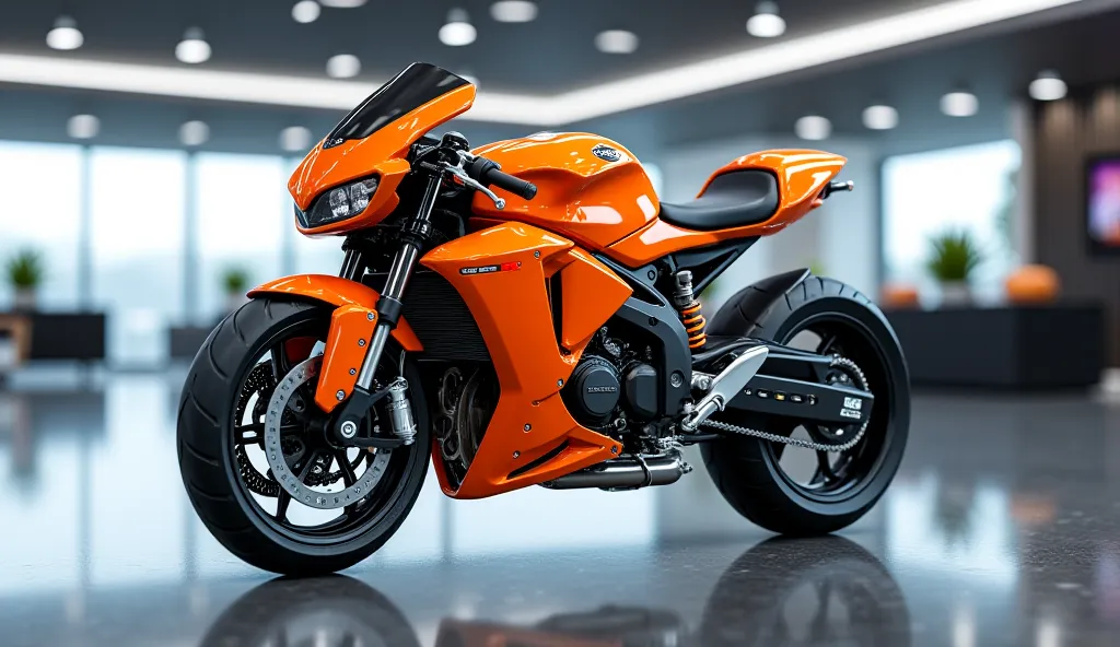 3d Render the realistic image of ( 2025 Honda cg 125   ) with modification, good looking, bright orange color"     " packed inside a Showroom, reflecting floor bike