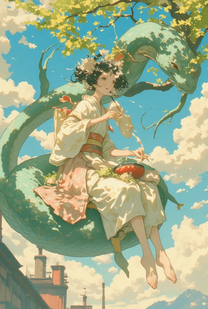   There is a comic picture of a woman sitting on a giant flying snake eating ozoni in a bowl, Stretching Mochi ,Anime illustration inspired by Utagawa Yoshitoshi, Ukiyo-e style anime , Japanese anime style, anime,  painting,  production animation cell , an...