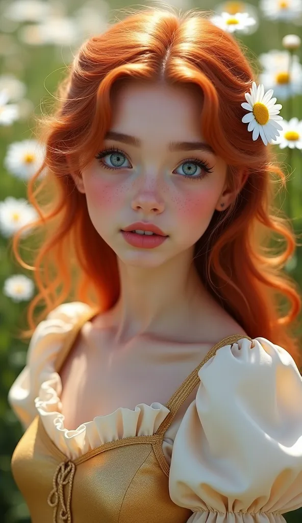 A realistic portrait of a 25-year-old woman with red loose hair in soft waves and a small, single pretty daisy in her hair, with big blue eyes and freckles on the cheeks and nose, gentle look at the viewer, open lips ,  small nose , she wears a cream color...