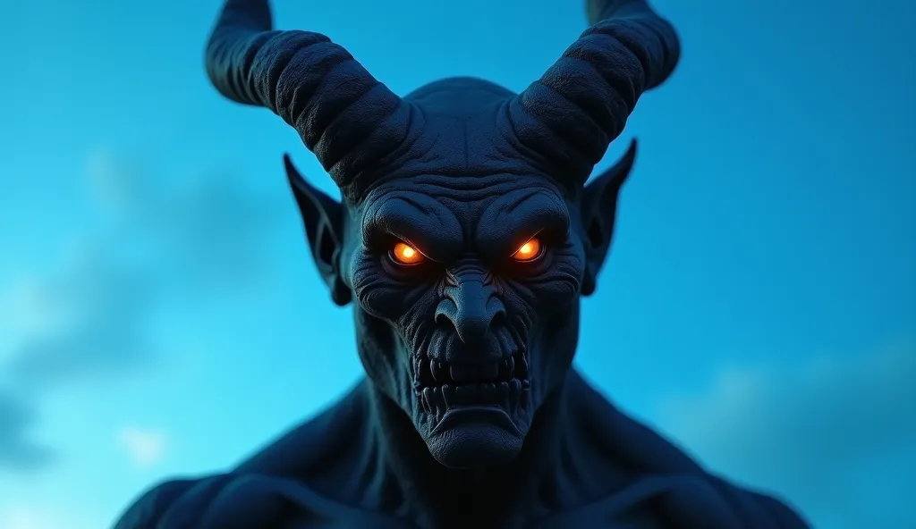 A close-up photo of a demon's face set against a clear, blue sky. The demon's facial features are sharp and intense, with glowing eyes that exude an unsettling, otherworldly power. The background is a vast expanse of a bright, cloudless blue sky, creating ...