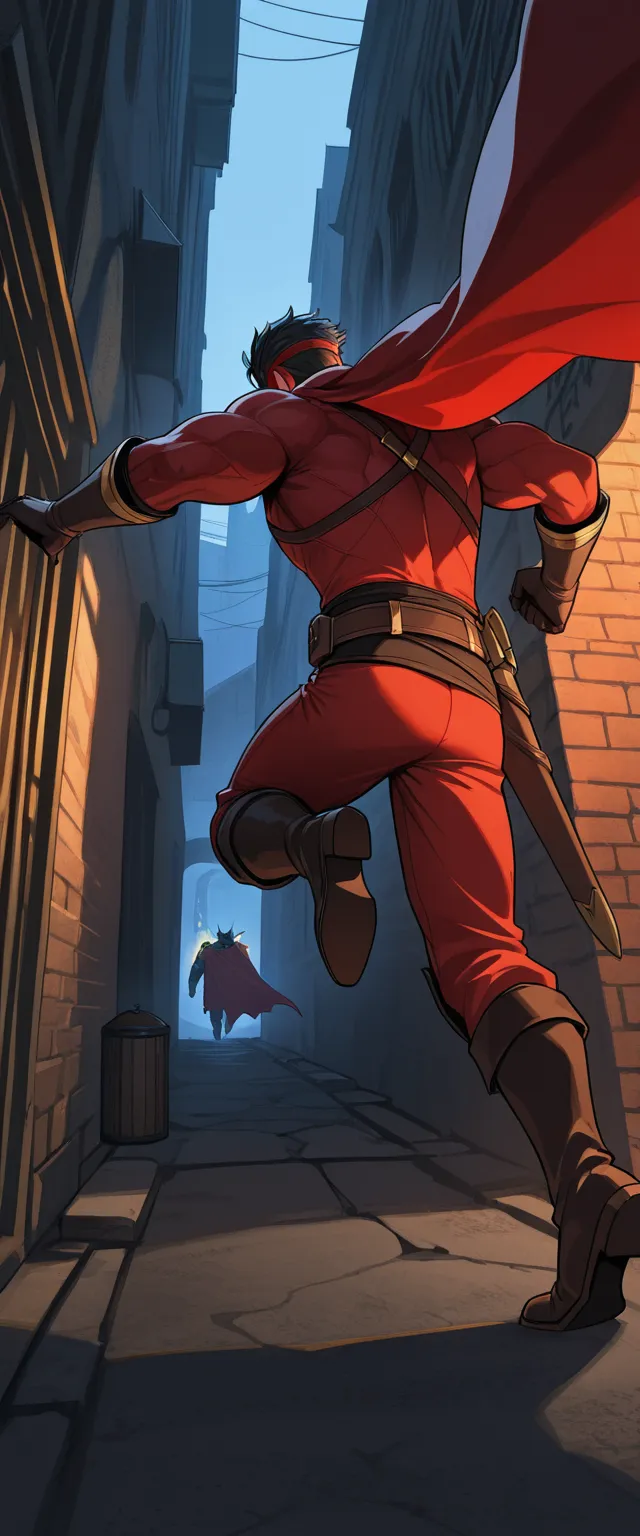 A muscular hero in an all-red outfit, ele é um antiheroi, Is flying in an alley,  Their cape is long , he is in an alley in a heroic pose