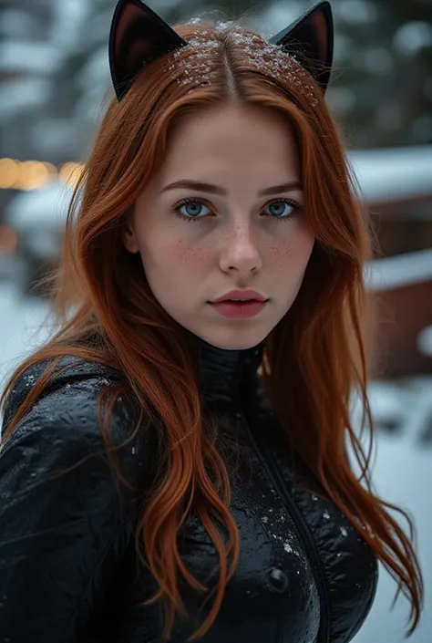 2D, Art Photography, Professional photography, photo of (Medium portrait of a red-haired girl with freckles and Nordic skin, In Catwoman costume in the snow photography background:2) At the party, (Characteristics art Photography: High detail skin, High de...