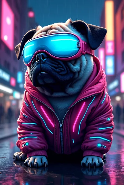 A futuristic cyberpunk pug with glowing neon blue and pink cybernetic enhancements. The pug has a sleek, high-tech visor with holographic displays, and its fur is subtly integrated with mechanical plating and glowing circuit lines. It wears a stylish, meta...