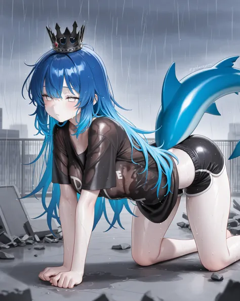 best image quality、High Resolution、 Resplendent Diamond Blue Hair 、white eyes、、rooftop、 black big t-shirt、beautiful breasts、 best thighs、GalaxyAura、 long hair、best image quality、floating rubble、Black Shorts、 white skin、 the royal family、、Straight face、Wa...