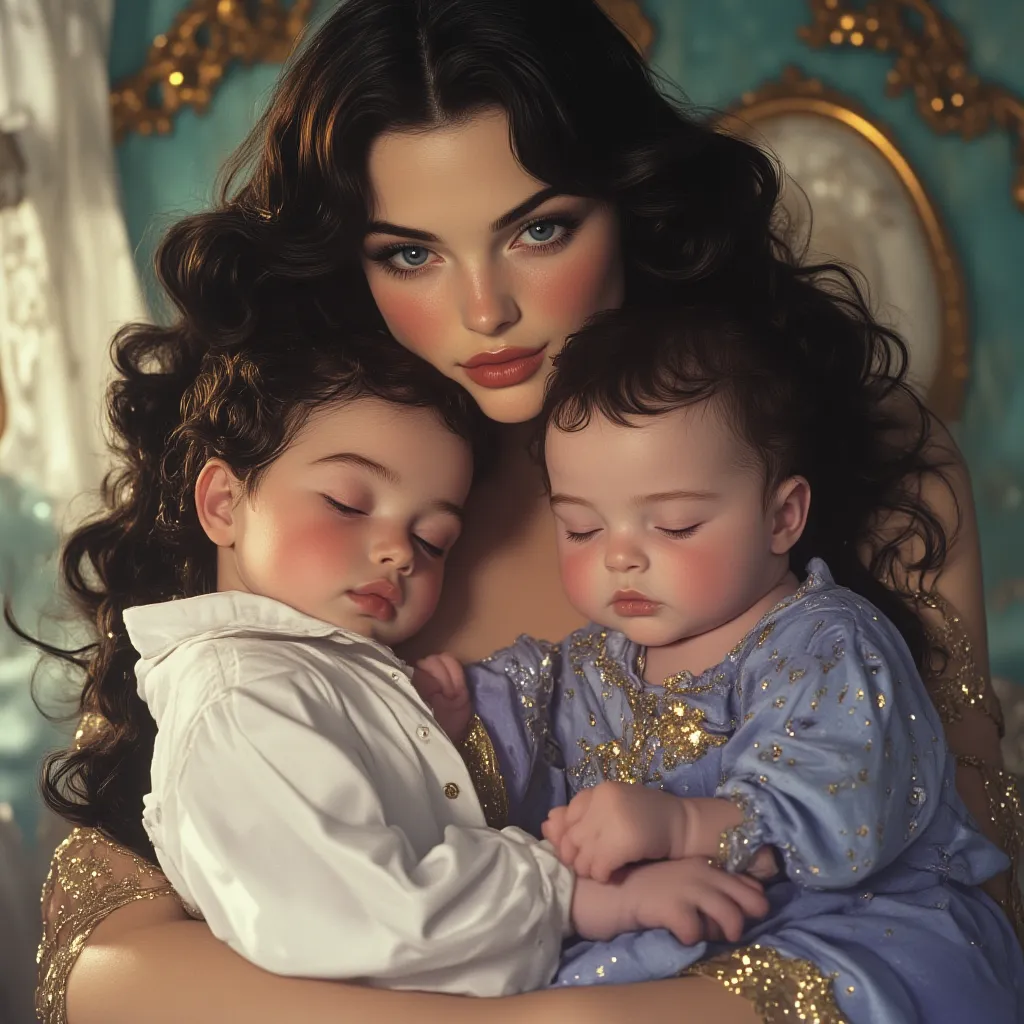 beautiful woman LONG HAIR DARK JET BLACK European features FULL BODY in her bed carrying two babies a WHITE GIRL with a purple jumpsuit and a WHITE SKINNED BOY with a blue jumpsuit she holds one on each arm the babies are black hair and are asleep the woma...