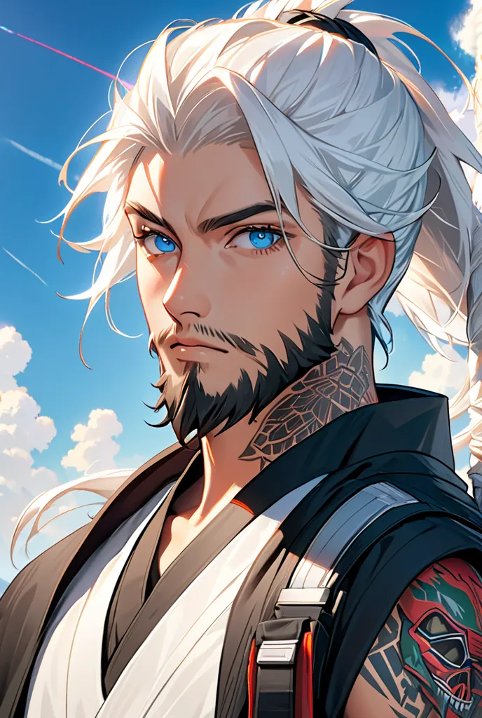 28-year-old man with long white hair,  short beard, with tattoos, Sky blue eyes and clothing of a bounty hunter from Star Wars the most experienced face