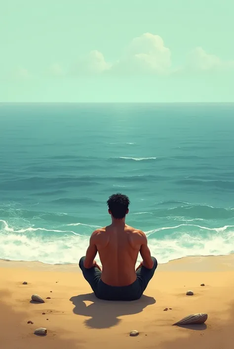 Photo of a brown man with his back on the beach, sitting on the sand